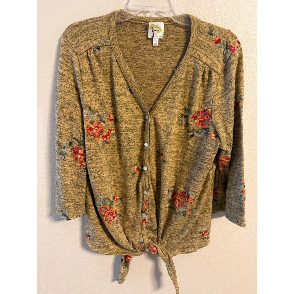 fig and flower Mustard Floral Knit Tie-Front Cardigan